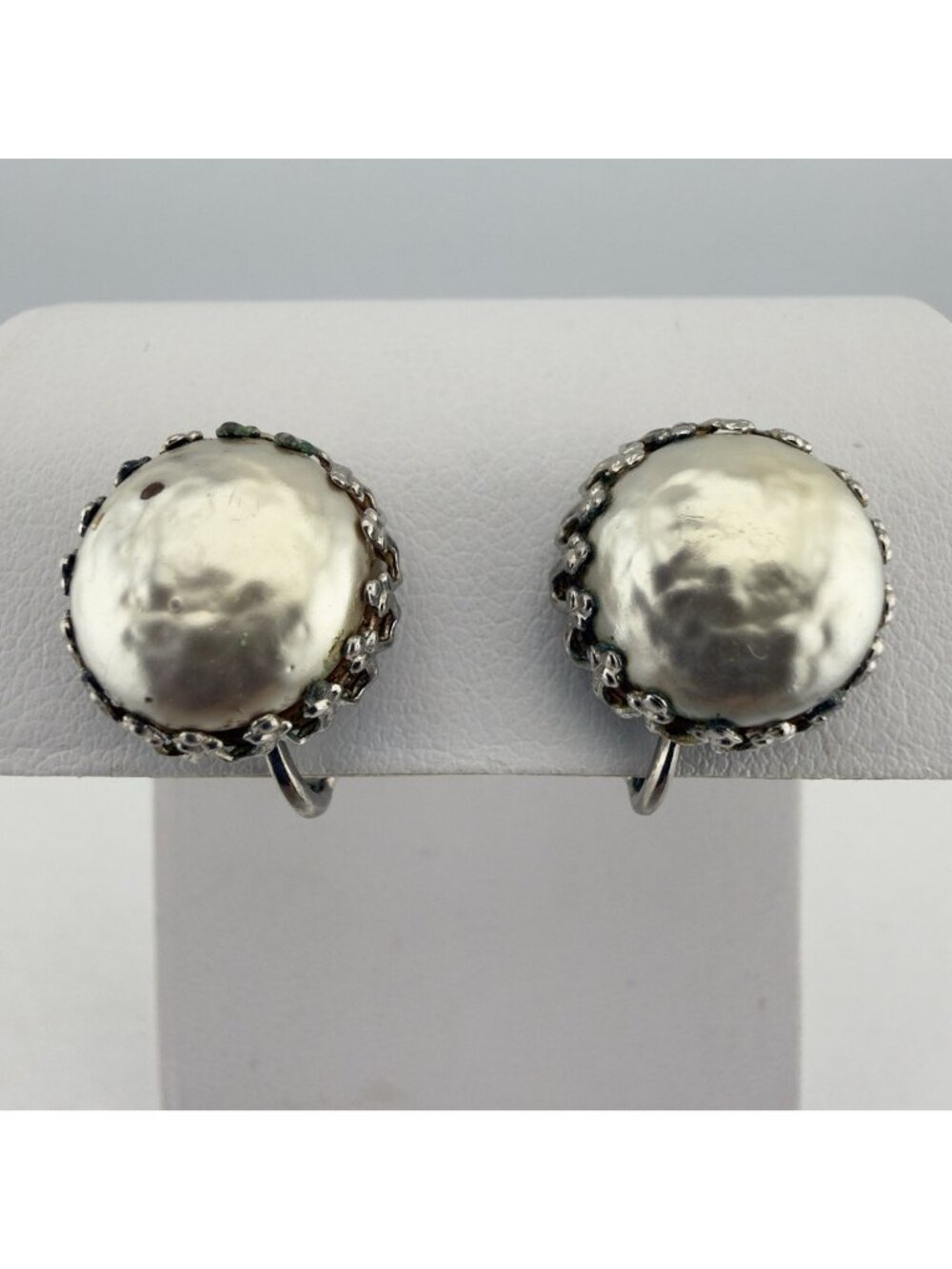Vintage Miriam Haskell Signed Faux Pearl Screw Back Earrings As Is READ